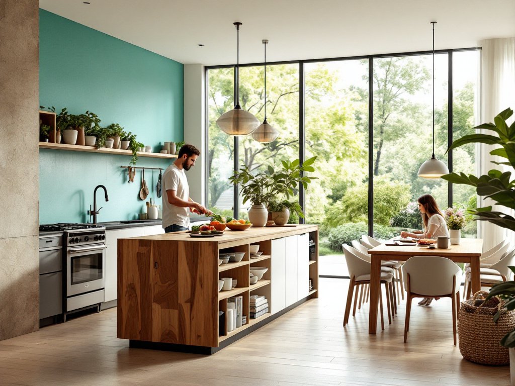 A modern, open-space kitchen seamlessly blending style and functionality, featuring a bright and airy atmosphere with ample natural light. The kitchen includes eco-friendly materials like bamboo countertops and a recycled glass backsplash, with rustic wooden elements adding textural contrast. The color palette consists of predominantly neutral tones with vibrant accent colors, including a bold teal accent wall. Smart technology is subtly integrated with sleek appliances and a central island equipped with built-in tech features. The space is organized with visible and hidden storage options, including open shelves displaying decorative items. A statement pendant light hangs above the island, and plants are integrated into the decor to emphasize sustainability. The kitchen opens up to a dining area, enhancing the social aspect of the space, with individuals interacting and enjoying a meal, highlighting both functionality and warmth