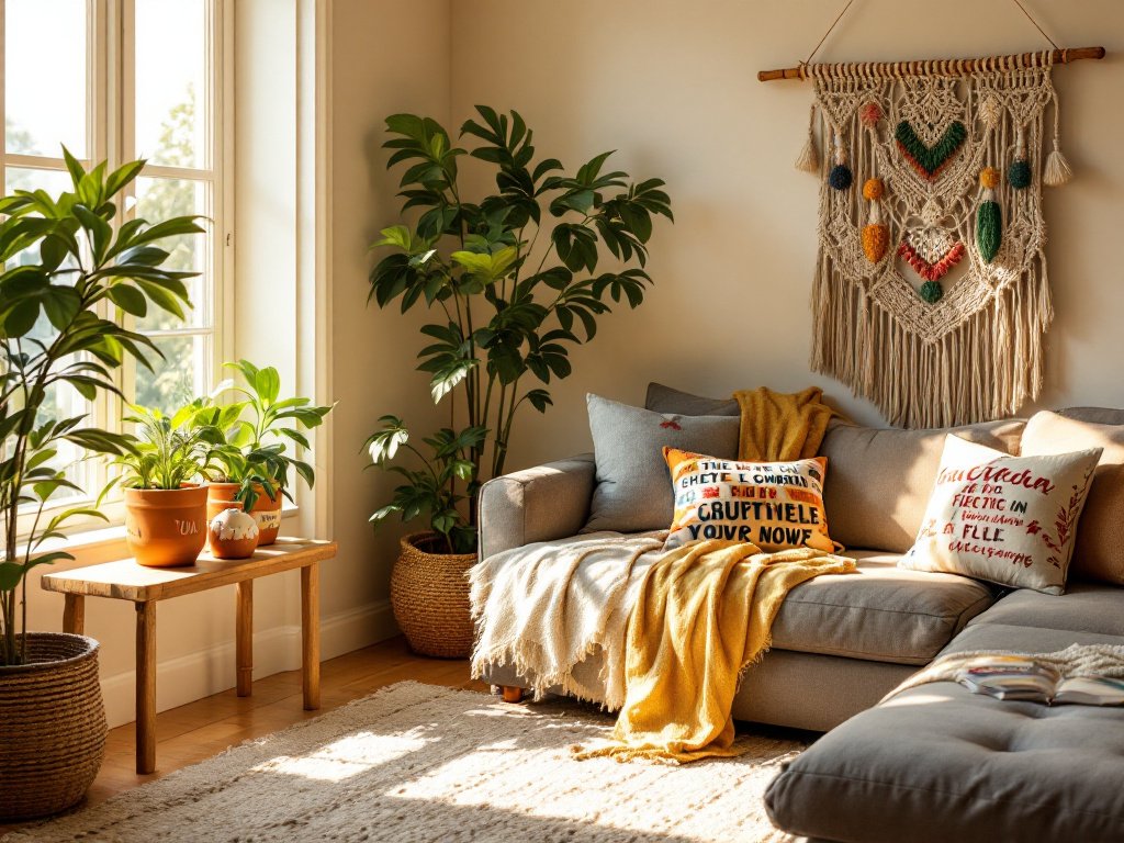 A well-lit, inviting living room showcasing multiple DIY projects, including a macramé wall hanging, painted terracotta planters, and customized throw pillows. The room feels cozy and personalized, with natural light streaming through a window.
