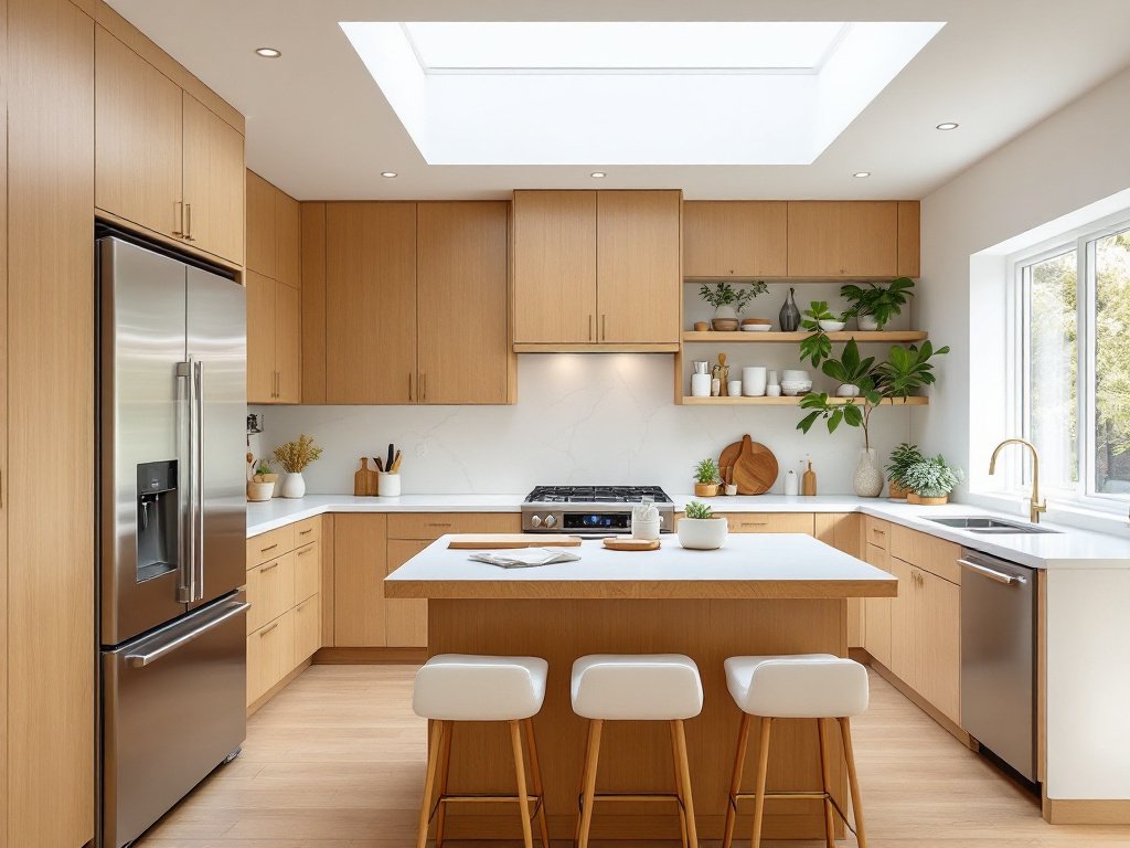A warm and inviting modern kitchen featuring wooden cabinets, stainless steel appliances, and a central island with pendant lighting overhead