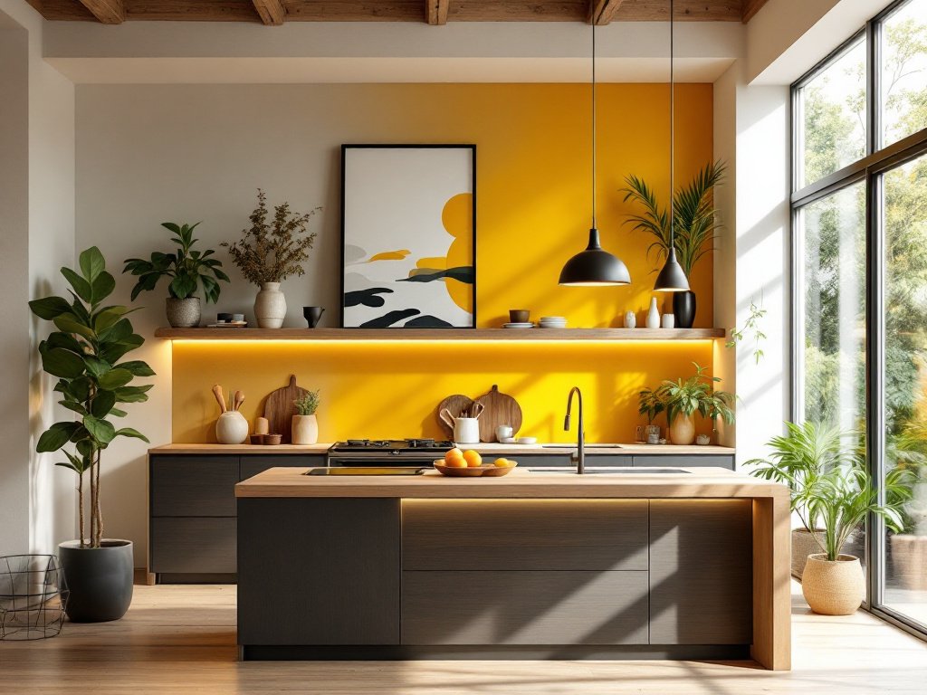 A modern, open-space kitchen seamlessly blending style and functionality, featuring a bright and airy atmosphere with ample natural light. The kitchen includes eco-friendly materials like bamboo countertops and a recycled glass backsplash, with rustic wooden elements adding textural contrast. The color palette consists of predominantly neutral tones with vibrant accent colors, including a bold yellow accent wall. Smart technology is subtly integrated with sleek appliances and a central island equipped with built-in tech features. The space is organized with visible and hidden storage options, including open shelves displaying decorative items. A statement pendant light hangs above the island, and plants are integrated into the decor to emphasize sustainability. The kitchen opens up to a dining area, enhancing the social aspect of the space, with individuals interacting and enjoying a meal, highlighting both functionality and warmth
