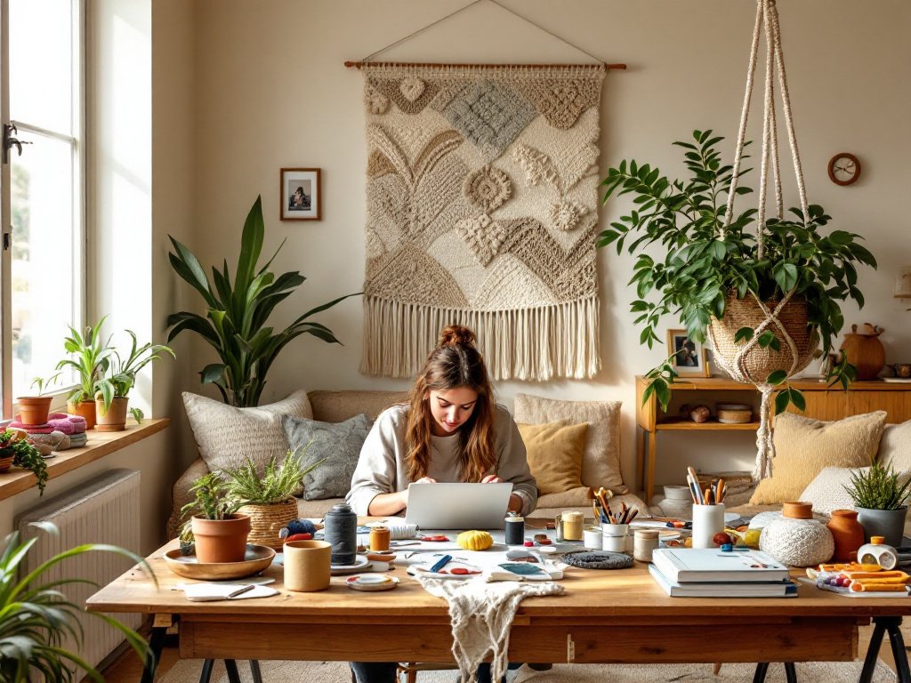 A cozy, well-lit craft room filled with handmade decorative items, including a macramé plant hanger with a potted plant, a woven wall hanging, and a personalized photo frame on a shelf. A table is set up with crafting supplies like yarn, fabric, and paints, where a person is engaged in weaving. The room features warm, inviting earthy tones with pops of color from the crafts, and greenery enhances the inviting atmosphere. The composition is balanced with soft, natural lighting, creating a sense of calm and creativity.
