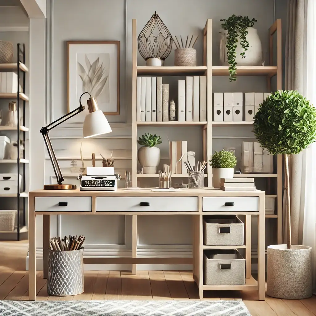 A well-lit home office with a large wooden desk positioned in front of two tall windows. The desk has several drawers and is adorned with various office supplies, a computer monitor, a desk lamp, and a potted plant. Behind the desk is a large bookshelf filled with books and decorative items. The room has a cozy and organized atmosphere, with natural light streaming in through the windows and a green plant in the corner adding a touch of nature