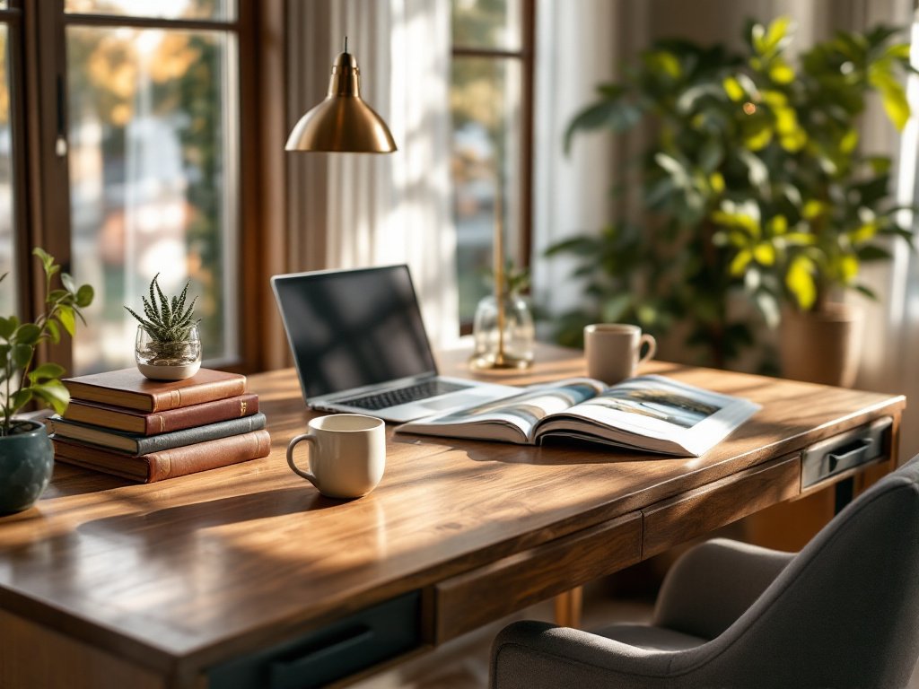 A cozy and modern home office featuring a sleek wooden Pottery Barn desk as the centerpiece. The desk is neatly organized with a laptop, a stylish desk lamp, a small potted plant, a stack of books, and a ceramic mug. A comfortable chair is tucked under the desk, and a large, framed piece of artwork hangs on the wall above. A cozy rug ties the space together, and a bookshelf with neatly arranged books and decorative objects is visible nearby. Soft, natural light streams through large windows, creating a welcoming and productive atmosphere