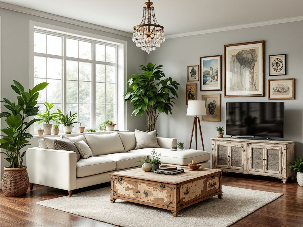 A bright and airy living room featuring a blend of classic and modern decor elements, including a comfortable sofa, a rustic wooden coffee table, and an elegant chandelier, with large windows allowing ample natural light