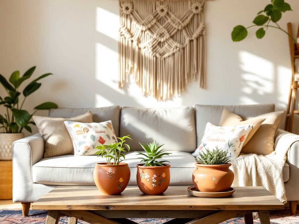 A well-lit, inviting living room showcasing multiple DIY projects, including a macramé wall hanging, painted terracotta planters, and customized throw pillows. The room feels cozy and personalized, with natural light streaming through a window.