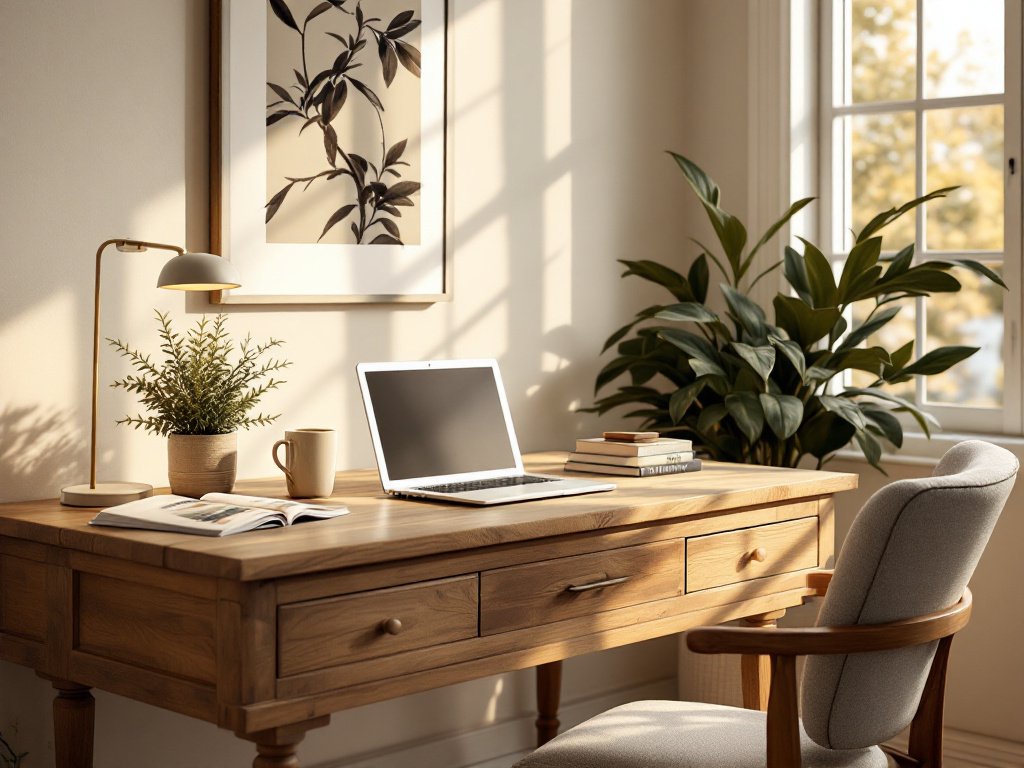 A warm and inviting home office featuring a rustic wooden Pottery Barn desk as the centerpiece. The desk is clean and organized, with a laptop, a stylish desk lamp, a small potted plant, a stack of books, and a ceramic mug. A comfortable chair is tucked neatly under the desk, and a large, framed piece of artwork hangs on the wall above. A cozy rug ties the space together, and a bookshelf with neatly arranged books and decorative objects is visible nearby. Soft, natural light streams through large windows, creating a welcoming and productive atmosphere