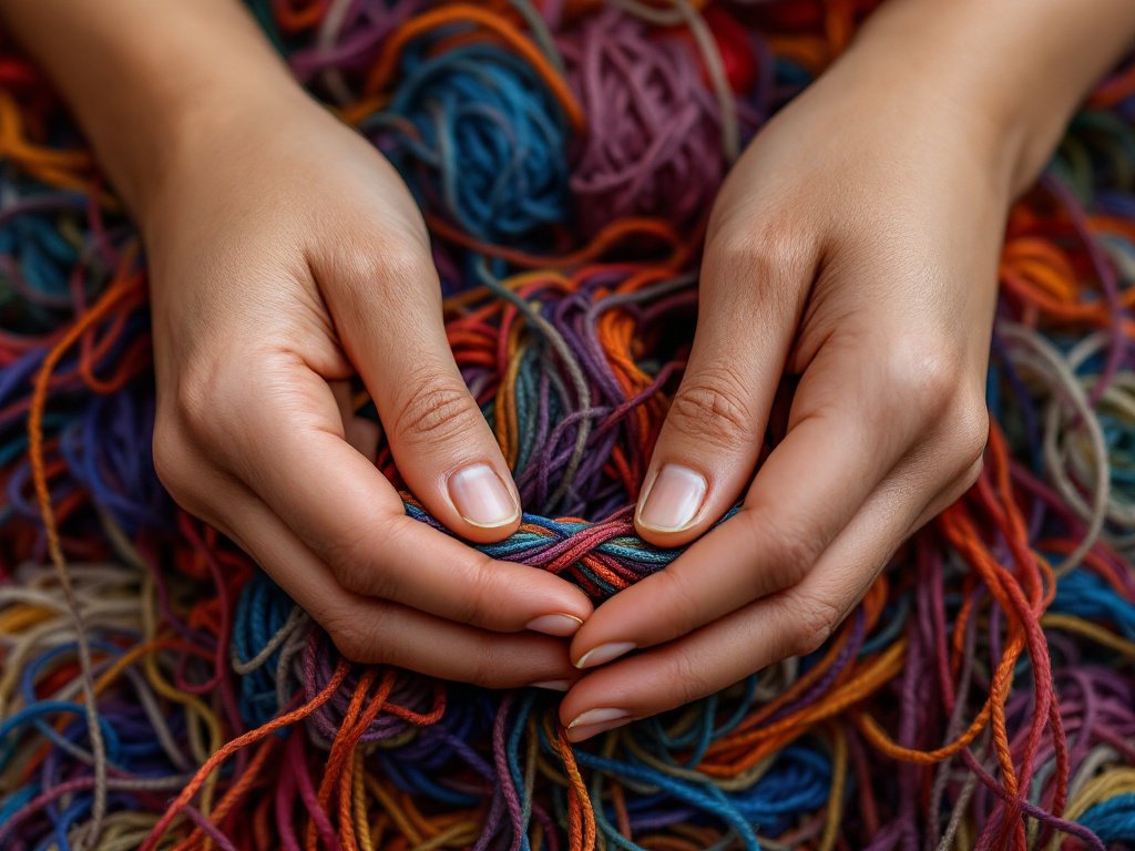 Close-up of hands tying knots with bright, colorful threads, showcasing the intricate process of creating intertwined bracelets.
