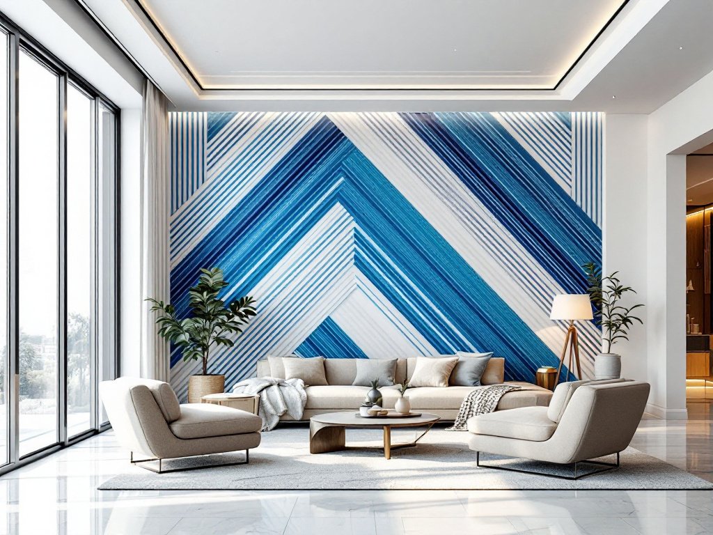 A modern living room featuring a bold geometric striped wallpaper with shades of blue and white, complemented by sleek, contemporary furniture and ample natural light from large windows.