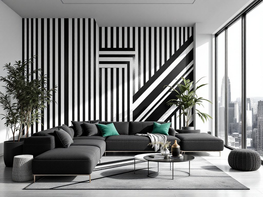 A modern living room with a bold geometric striped wallpaper featuring black and white stripes, complemented by sleek furniture and large windows.