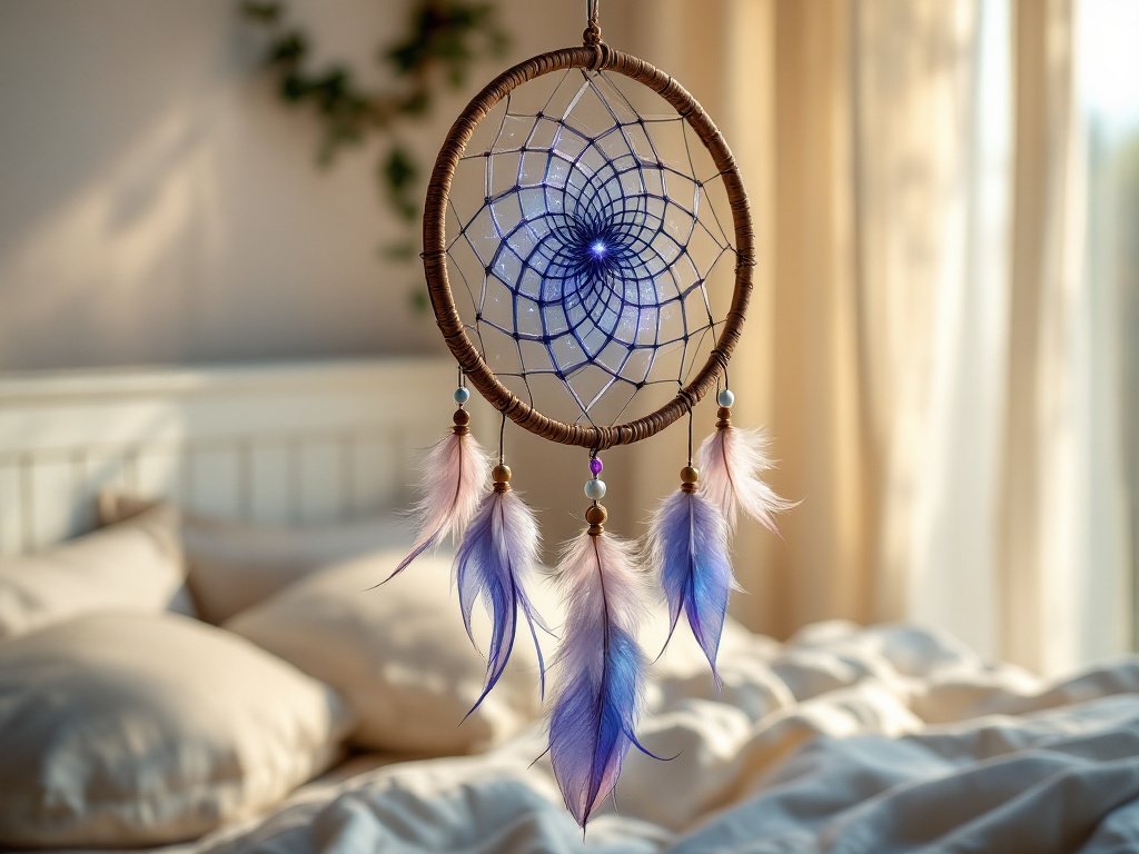 dream catcher hanging above a bed in a serene room. The dream catcher features a delicate web woven into its circular frame, adorned with feathers and beads that cascade down. The room is softly lit, creating a peaceful and calming atmosphere. The bed is neatly made with white linens, and the overall setting suggests a tranquil space ideal for restful sleep.