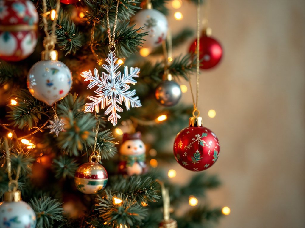 A display of colorful ornaments hanging on a Christmas tree, showcasing their intricate designs and festive colors, creating a warm and inviting holiday atmosphere