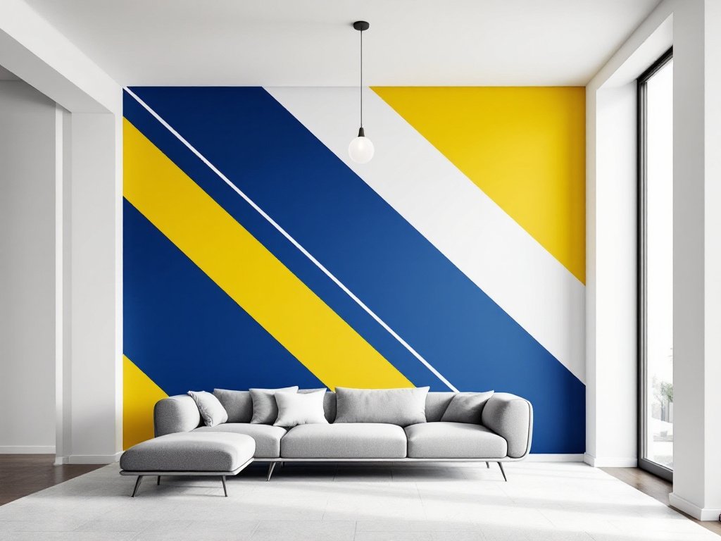 A contemporary living room with a striking geometric wallpaper in blue, yellow, and white stripes, paired with minimalist furniture and a neutral color scheme.