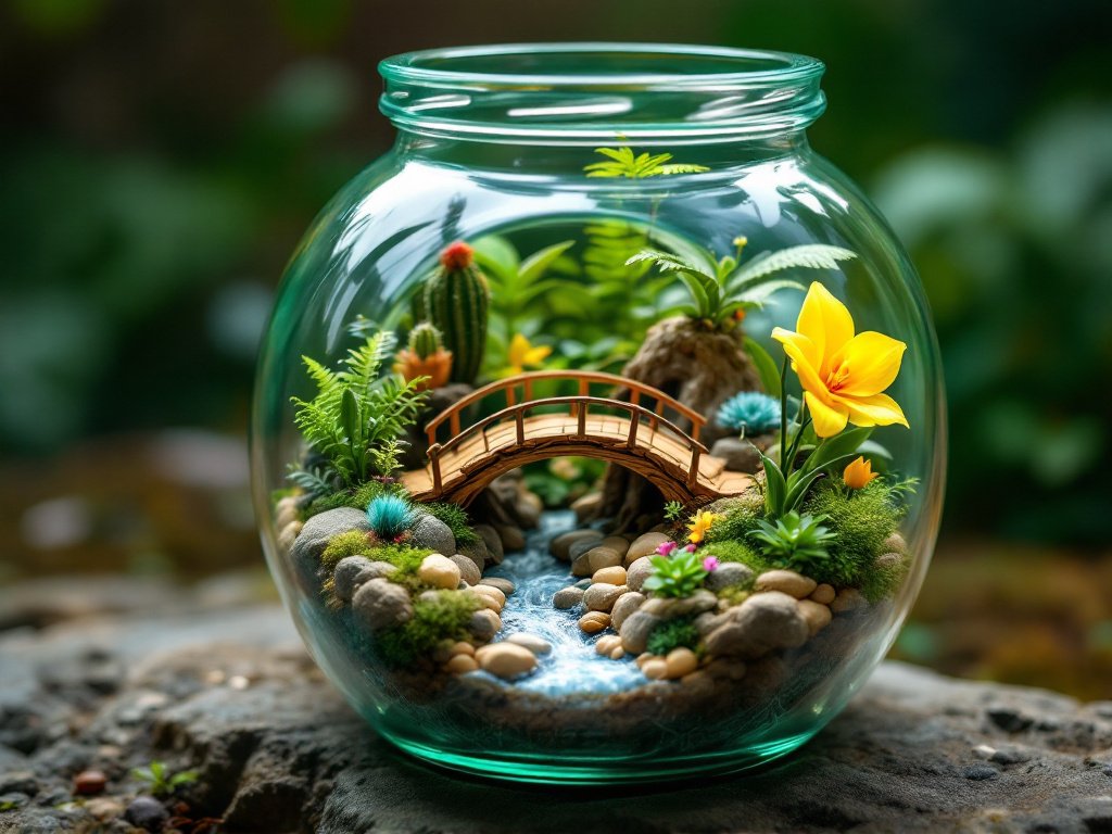 A completed terrarium in a glass jar, featuring small plants, colorful stones, and decorative elements like tiny figurines and a miniature wooden bridge, creating a lush, miniature landscape
