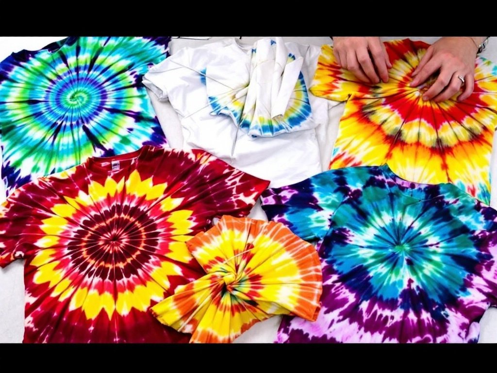 A collection of tie-dye shirts with various vibrant patterns, alongside the process of dyeing a shirt with folded sections, showcasing the creative steps involved in tie-dyeing