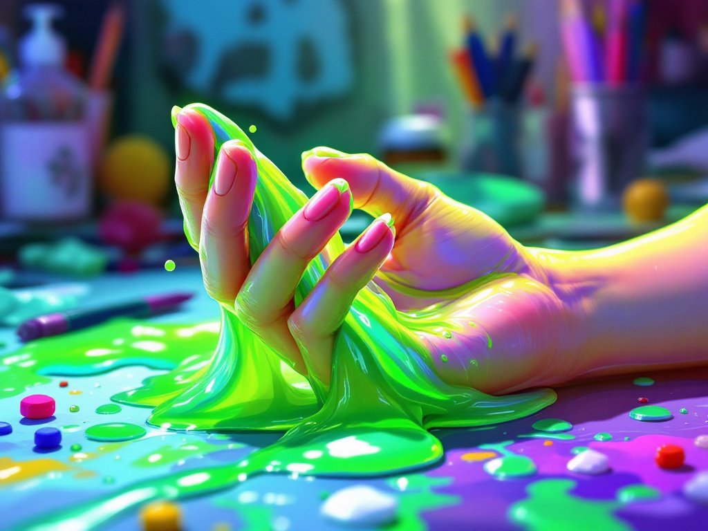 close-up of a hand playing with bright green slime, showing its glossy texture and vibrant color as it is stretched and manipulated.