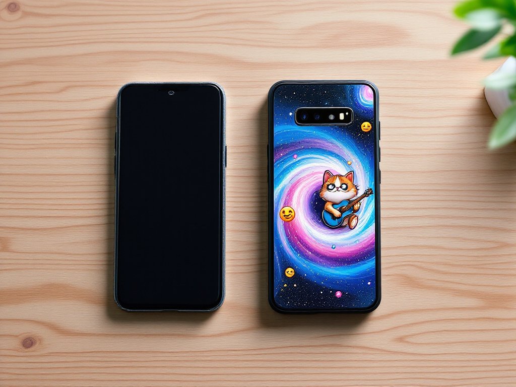 A personalized phone case with a unique, colorful design featuring a fun, vibrant display on the screen, placed next to a plain phone case for comparison