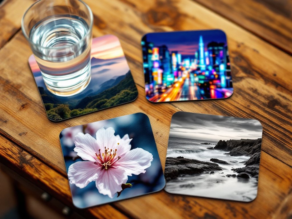 A set of coasters with different photos placed on a wooden table, with a glass of water on one of the coasters, demonstrating their protective function