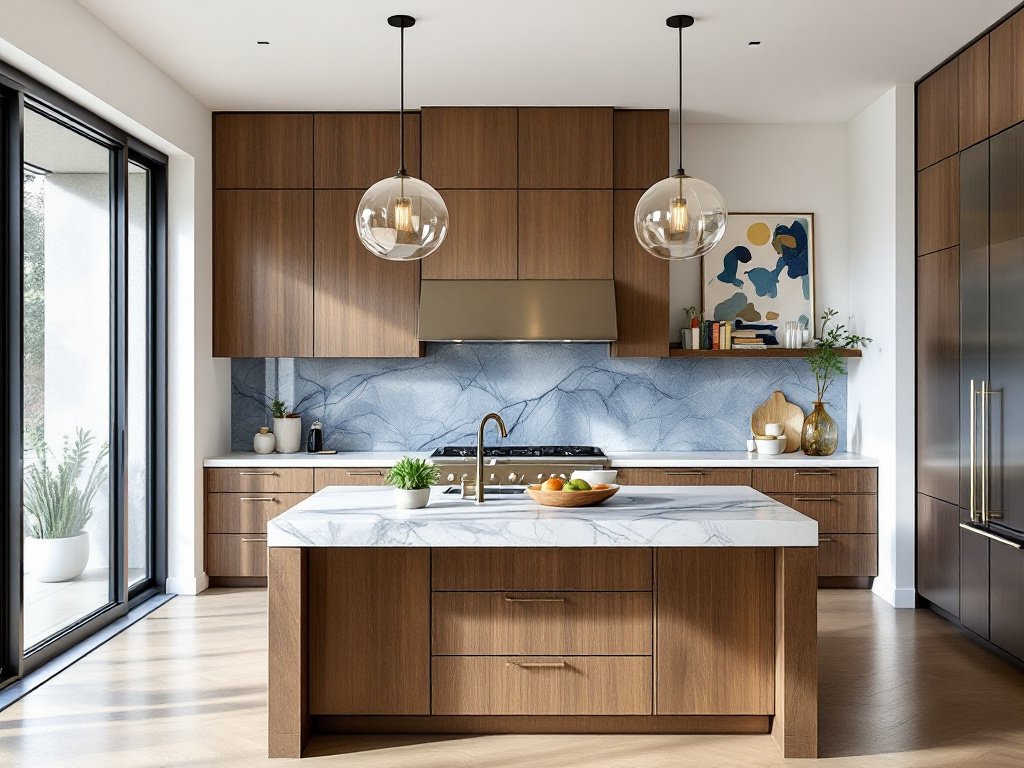 A modern, stylish kitchen with wooden cabinets, a marble countertop, and sleek appliances. The space features a blend of minimalism and personal touches, with decorative elements such as pendant lights and a backsplash that add to its functional yet inviting atmosphere.