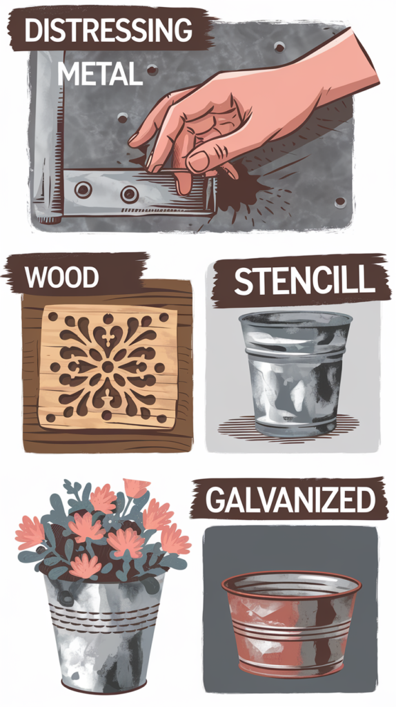 Distressing Metal: A hand applying a dark substance to a metal surface, creating a distressed, aged effect.
Wood: A square wooden panel with an intricate, symmetrical design carved into it.
Stencill: A silver metal container with a smooth, unadorned surface.
Galvanized (with flowers): A galvanized metal bucket filled with a bouquet of pink flowers.
Galvanized (empty): An empty galvanized metal bucket with a shiny, reflective surface.